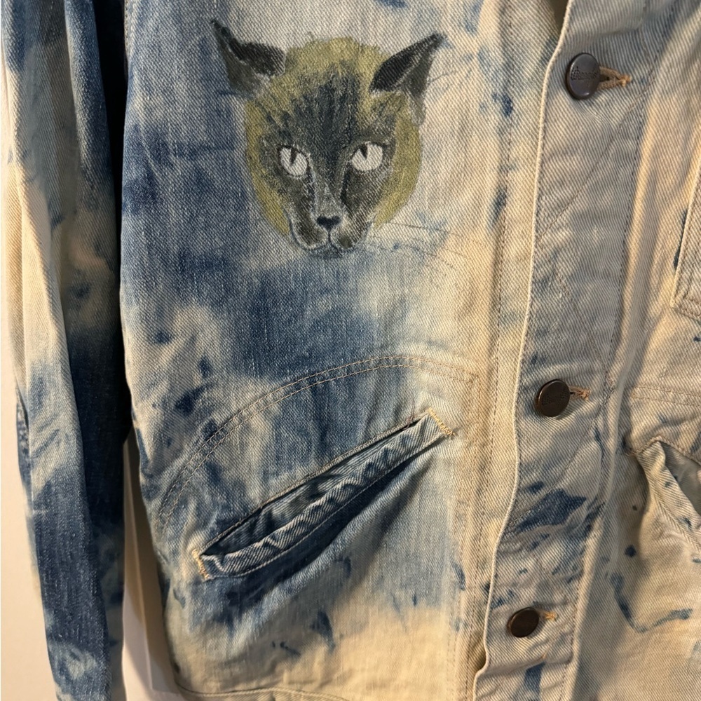 VTG 50s WRANGLER BLUE BELL DENIM SANFORIZED JACKET 34 Tie Dyed Hand Painted Cat - Picture 4 of 15